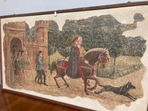 Antico  DIPINTO strappo d’ affresco raffiguranti Nobili a Cavallo e Castello . Umberto Giunti Siena. Epoca XX SEC MIS 131 X 74 